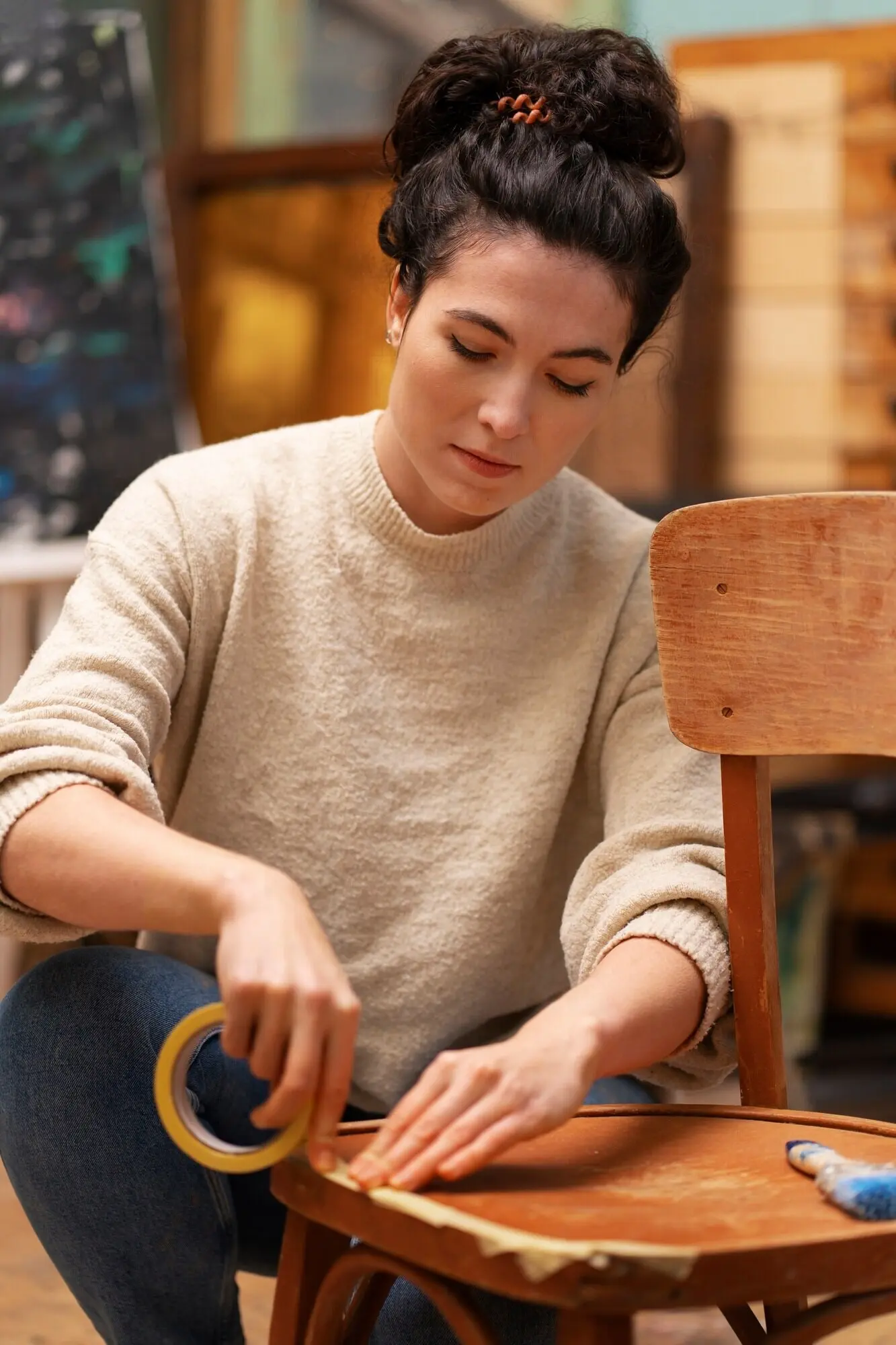 Frau restauriert einen Holzstuhl, Vorderansicht.